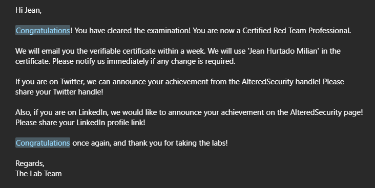 Approval email