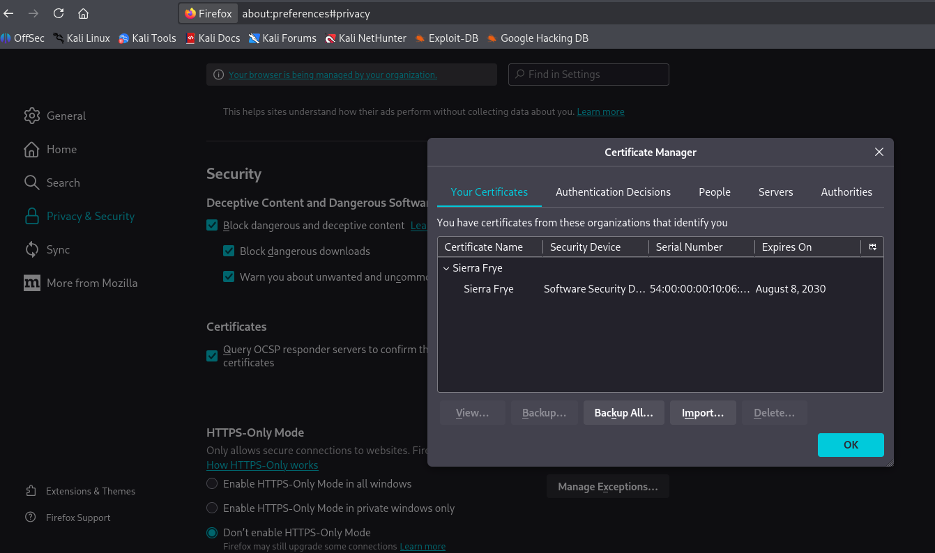 ADCS panel in the browser with the staff.pfx certificate imported