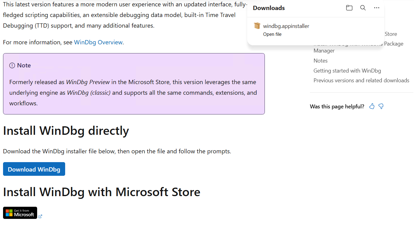 WinDbg download page